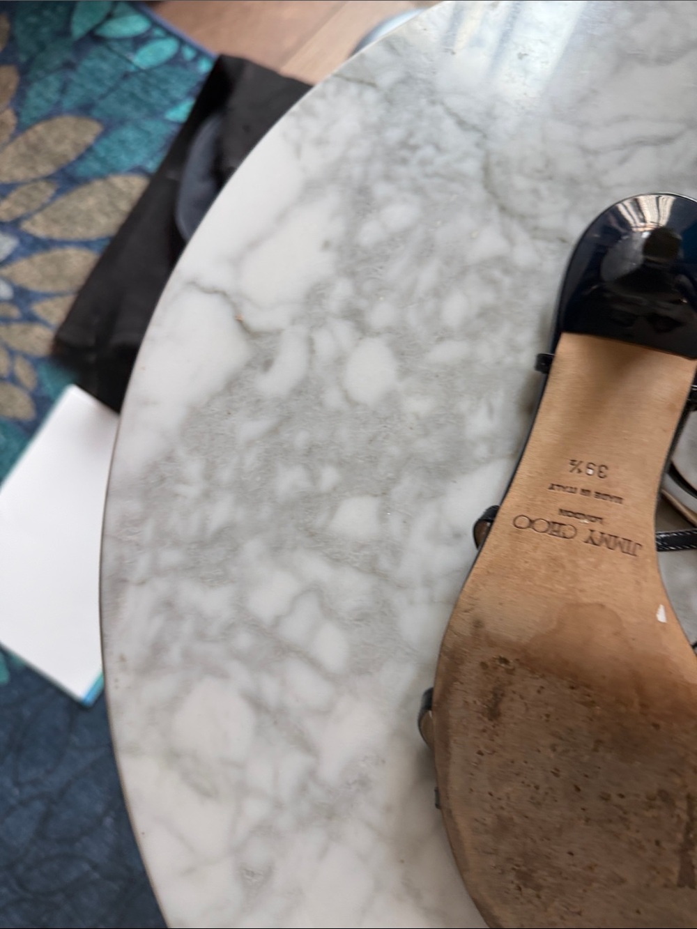 Jimmy Choo Dark Navy Patent Leather Sandals - like new on top, scuffed soles - Picture 6 of 12